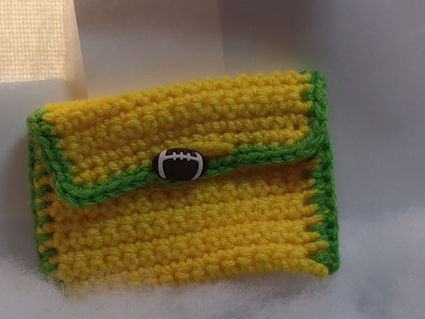 Crochet gift card holder with Football button