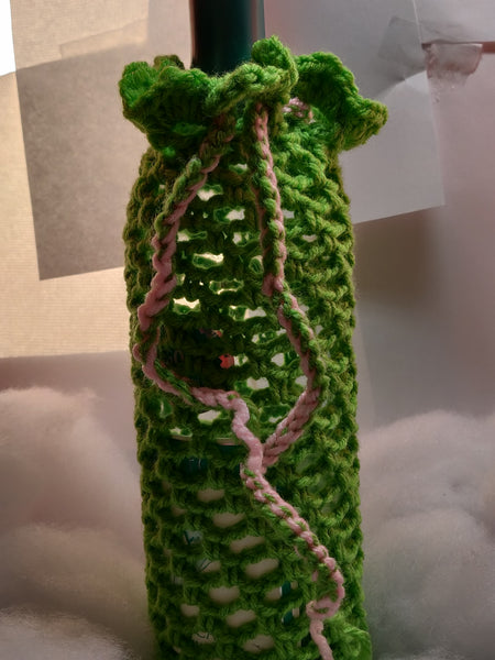 Crocheted wine cozy with drawstring